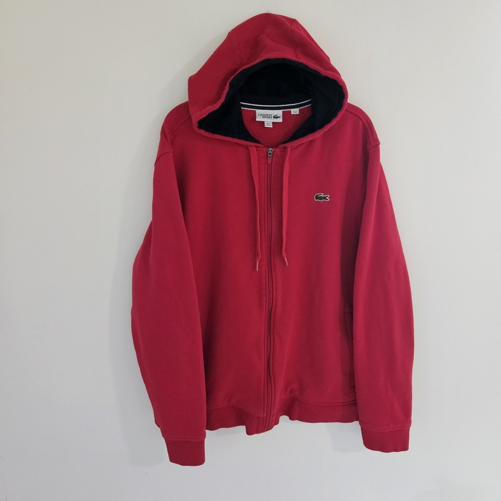 LACOSTE Mens SPORT Red Pocket Fleece Hooded Sweatshirt Full Zip Logo